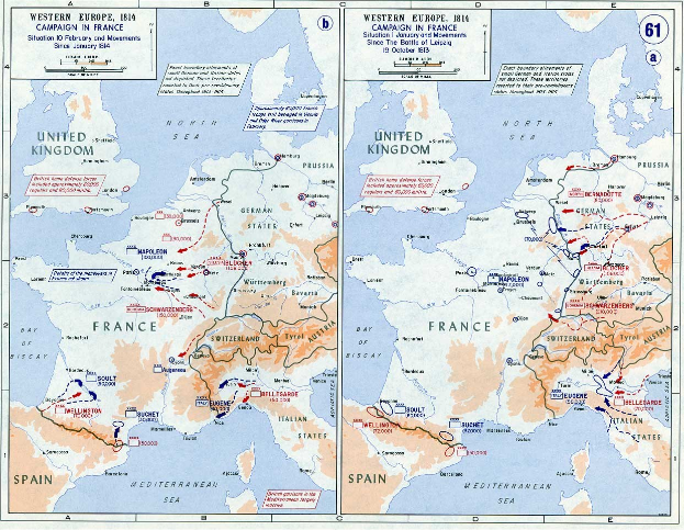 Eine historische Posterkarte von Europa während der Schlacht von Leipzig, unterteilt in Regionen mit beschrifteten Städten und geografischen Merkmalen, begleitet von erklärendem Text.