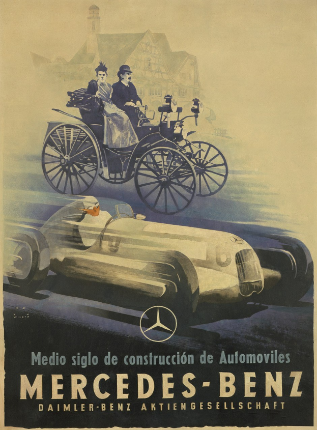 Vintage-Werbekampagne für Mercedes-Benz aus den 1930er Jahren mit einem Plakat, das ein Auto, zwei Personen im Inneren und ein Gebäude im Hintergrund zeigt, begleitet von beschreibendem Text.