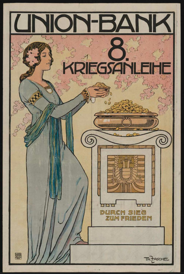 Eine Frau in einem weißen Kleid hält einen Napf mit Essen in der Hand und steht vor einem schwarzen Hintergrund mit einem Plakat, auf dem "Union-Bank 8 Kriegsanleihe" steht.