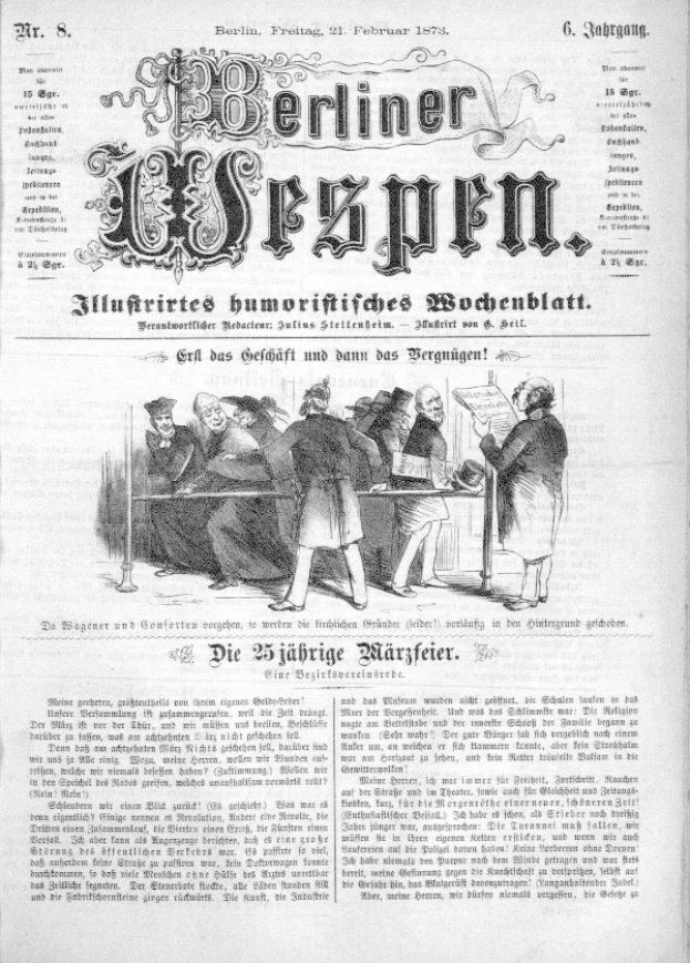 Alte deutsche Zeitung "Berliner Wespen" vom 21. Februar 1873 mit einer Gruppe von Menschen in traditioneller deutscher Kleidung, die sich unterhalten, mit deutscher Schrift, die das Ereignis beschreibt.