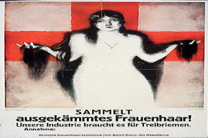 Ein deutsches Propagandaplakat mit einer Frau mit langen Haaren, mit Textinformationen über sie.