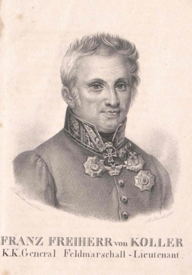 Porträt von Franz Freiherr von Koller, einem deutschen General in Uniform, mit Text am unteren Bildrand.