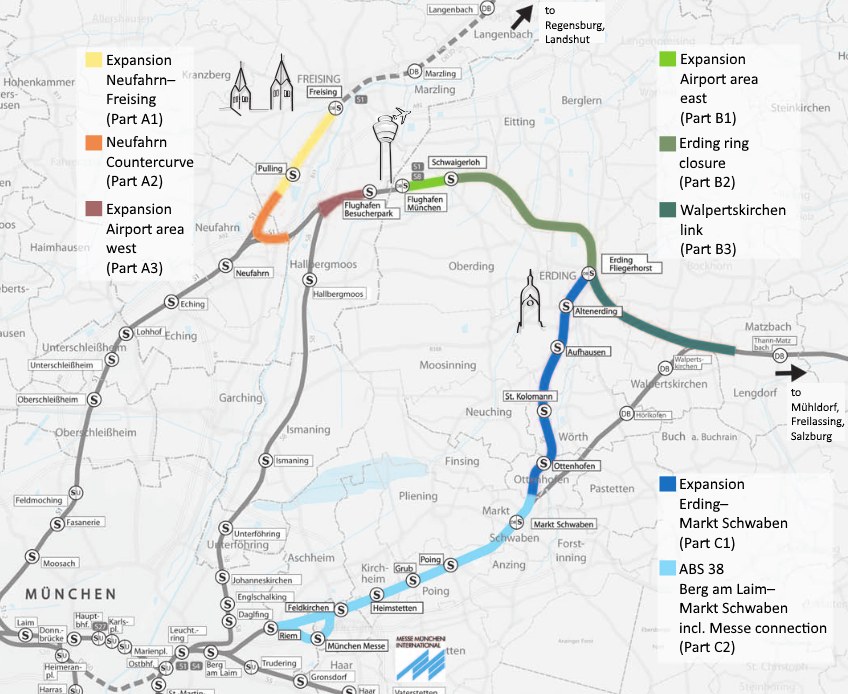 Eine detaillierte Karte einer Stadt mit einer hervorgehobenen Bahnroute von München nach Frankfurt, einschließlich Haltepunkte und Umgebung, mit Text, der Bahn-details bereitstellt.