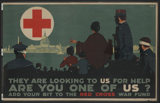 Plakat mit einer Gruppe von Menschen vor einem Geböude mit einem roten Kreuz, auf dem die Zuschauer zur Spende für den Roten Kreuz-Kriegsfonds aufgerufen werden mit dem Text "Sie brauchen unsere Hilfe, sind Sie einer von uns? Tragen Sie Ihren Teil zum Roten Kreuz-Kriegsfonds bei."