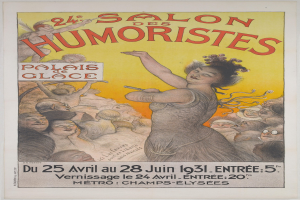 Plakat für den Salon des Humoristes in Paris mit einer Frau in der Menge und Event-Text.