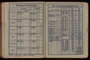 Offenes Buch mit schwarzem Hintergrund, das Text und Zahlen anzeigt und als deutscher Postaufzeichnung aus dem Jahr 1930 identifiziert wird.