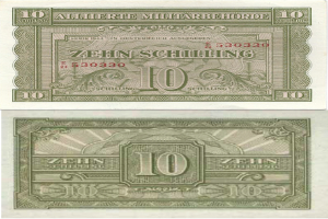 Eine deutsche 10-Schilling-Banknote von 1944, die die Aufschrift "10 Schilling" trägt.