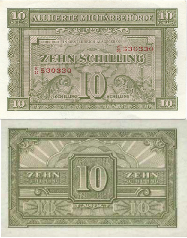 Eine deutsche 10-Schilling-Banknote von 1944, die die Aufschrift "10 Schilling" trägt.