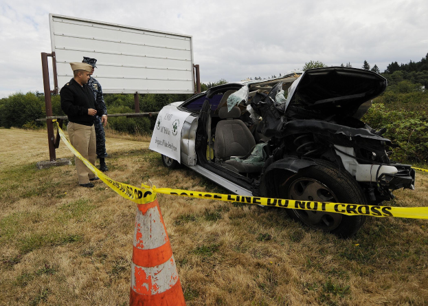 Ein Polizeibeamter in Uniform steht neben einem schwer beschädigten Auto am Straßenrand, mit eingedellter Haube und zersplitterten Fenstern, neben einem Verkehrskegel und einem bandagierten Pfahl, mit Bäumen und einem bewölkten Himmel im Hintergrund.