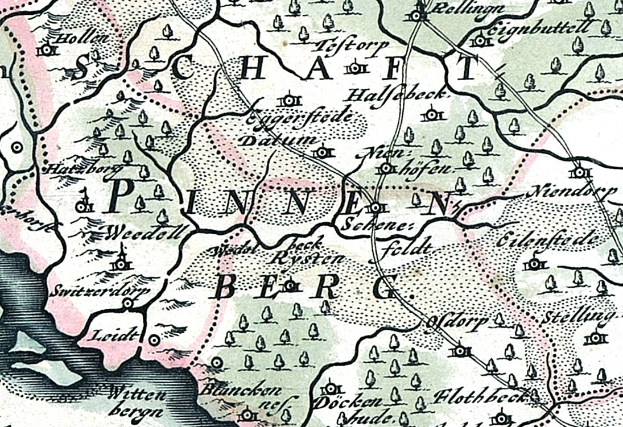 Detailiertes altes Stadtplan von Painen, Deutschland, mit Straßen, Gebäuden, Sehenswürdigkeiten und zusätzlichem Text über Bevölkerung, Straßen und bemerkenswerte Merkmale.