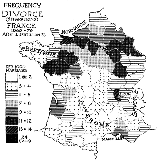 Schwarz-weiß-Karte von Frankreich mit Text und Zahlen, die die Scheidungsfrequenz in der Region angeben.