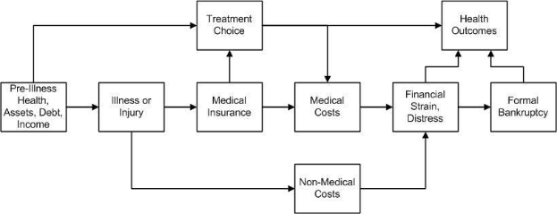 Flussdiagramm, das die Arten von medizinischen Kosten veranschaulicht, die mit Vorerkrankungen, Gesundheit und Gesundheit verbunden sind, mit verbundenen und beschrifteten K├Ąsten, die Schritte und Interaktionen zeigen.
