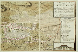 Ein detailliertes altes Stadtplan von Baden-Württemberg, Deutschland, das Straßen, Gebäude und Sehenswürdigkeiten zeigt, mit Text, der zusätzliche Stadtinformationen und ein Gebäude in der rechten unteren Ecke bereitstellt.