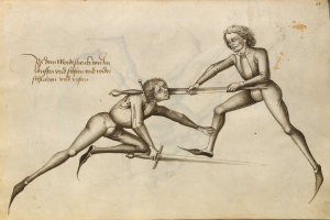 Zwei Männer auf einem Blatt Papier mit Schwert kämpfend abgebildet