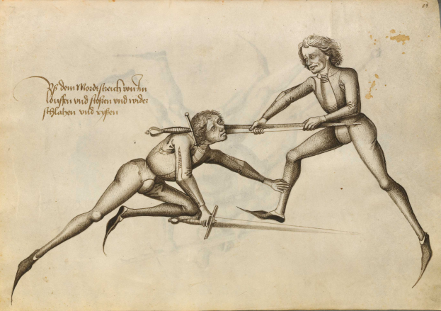 Zwei Männer auf einem Blatt Papier mit Schwert kämpfend abgebildet