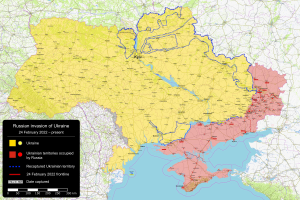 Eine Karte von Ukraine mit dem russischen Einmarsch in verschiedenen Farben hervorgehoben, begleitet von beschreibendem Text auf der linken Seite.