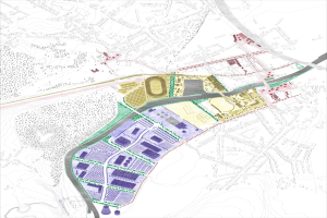 Vorgeschlagener Lageplan für die neue Stadt London, farbcodierte Karte mit verschiedenen Stadtbereichen und Text über und unter der Karte.