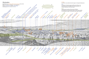Ein detaillierter Stadtplan von Wiesbaden, Deutschland, mit verschiedenen Blautönen, Grüntönen und Gelbtönen, die verschiedene Bereiche darstellen, auf einem weißen Hintergrund mit begleitendem historischem Text.