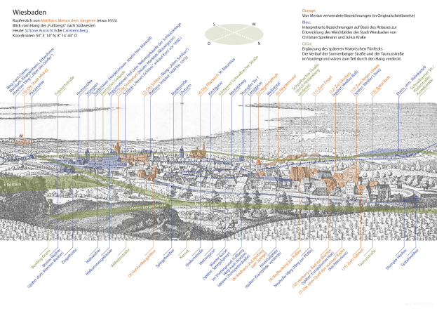 Ein detaillierter Stadtplan von Wiesbaden, Deutschland, mit verschiedenen Blautönen, Grüntönen und Gelbtönen, die verschiedene Bereiche darstellen, auf einem weißen Hintergrund mit begleitendem historischem Text.