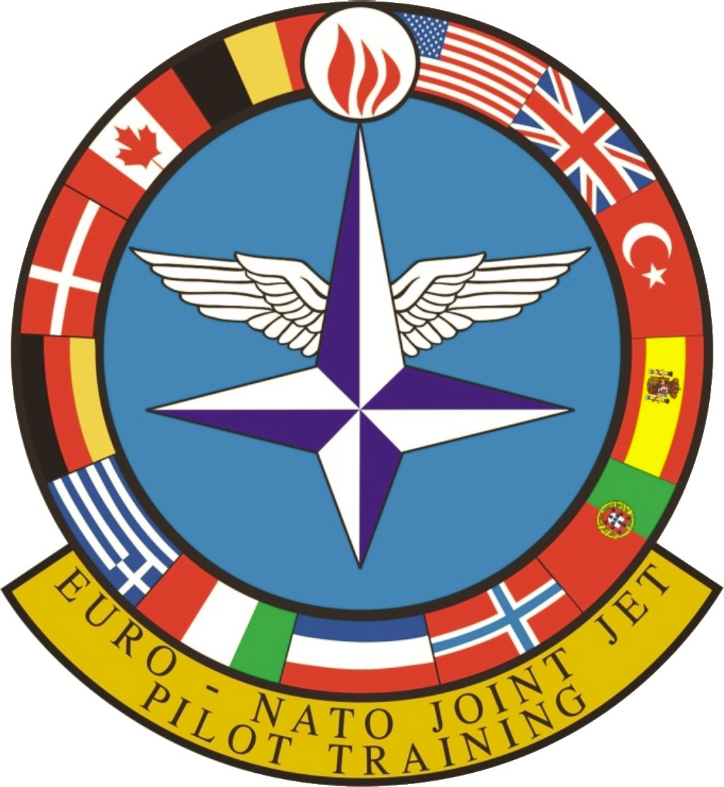 Blauer Kreis mit einem weißen Stern in der Mitte, umgeben von vierfarbigen Flaggen und weißer Schrift, die 'NATO Joint Jet' lautet.