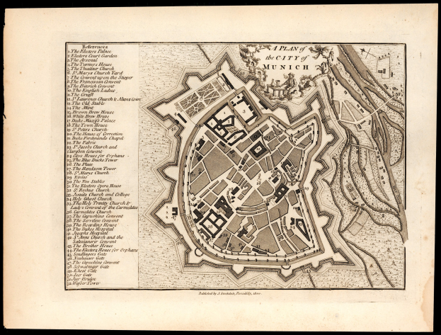 Alte Karte von München, Deutschland, mit schwarzem Hintergrund, die Straßen, Gebäude und Sehenswürdigkeiten zeigt, begleitet von Textbeschriftungen.