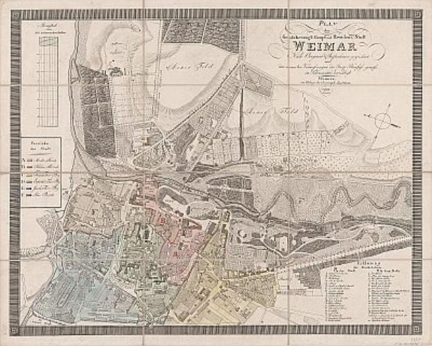 Detailierte alte Karte von Weimar, Deutschland, zeigt Straßen, Gebäude und Sehenswürdigkeiten mit begleitendem Text über die Stadt.