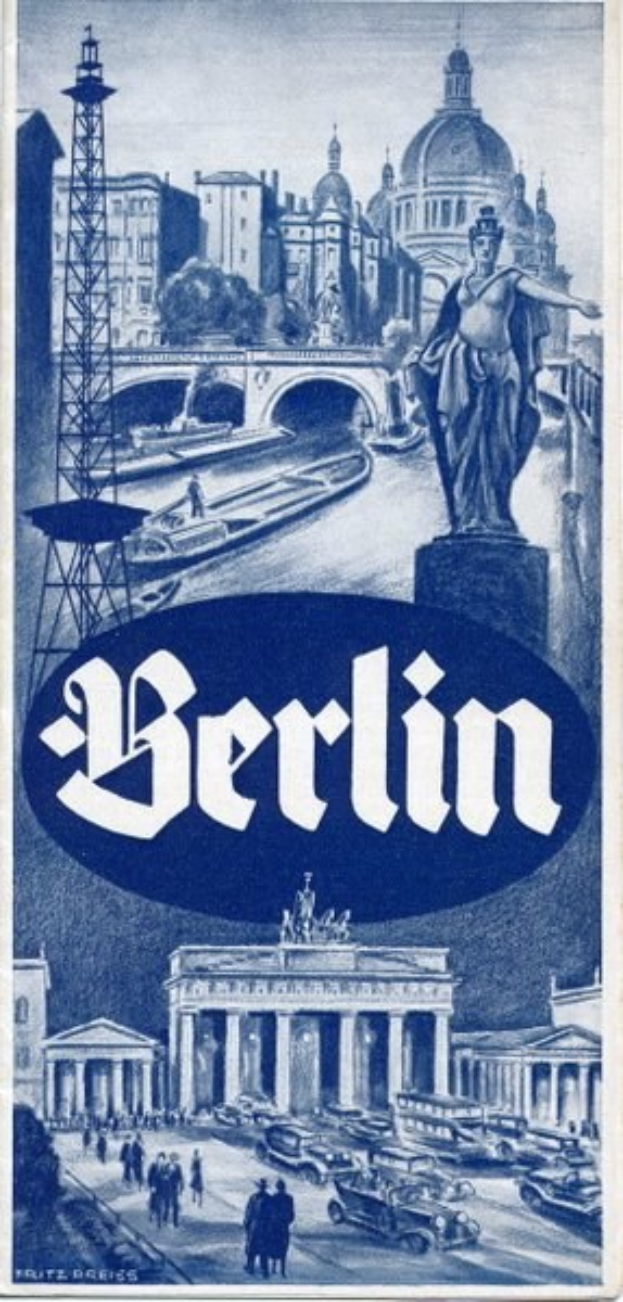 Plakatwerbung Berlin, Deutschland, mit einer Statue, Gebäuden, einem Turm, Menschen, Fahrzeugen auf der Straße, einer Brücke und Text mit Informationen über die Stadt.