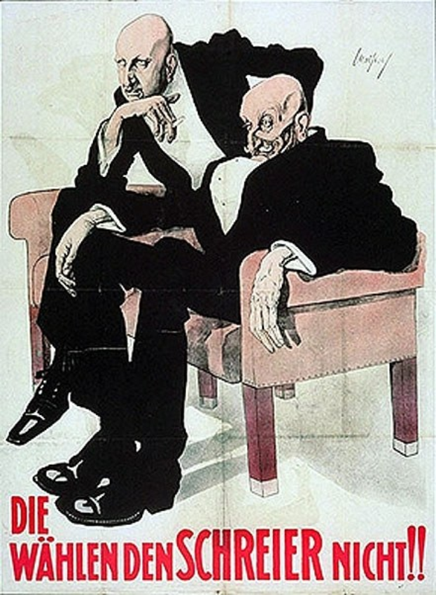 Deutsches Propagandaplakat für die NSDAP mit zwei Männern auf einer Couch und Text zur Parteipromotion.