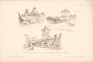 Ein altes Buch mit einer Zeichnung eines Schlosses umgeben von Gebäuden, das eine belebte Stadtkulisse zeigt.