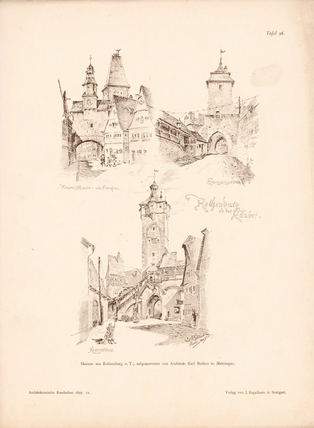 Ein altes Buch mit einer Zeichnung eines Schlosses umgeben von Gebäuden, das eine belebte Stadtkulisse zeigt.