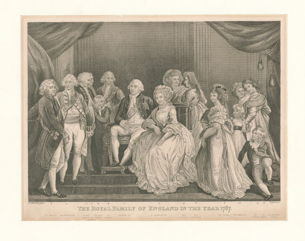 Eine Gruppe von Menschen, darunter die königliche Familie Englands, die auf einer Treppe vor einer Vorhangwand in 1787 stehen und sitzen, mit Text unten.