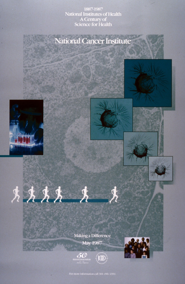 Buntes Plakat für das National Cancer Institute mit blauem Hintergrund und weißer Schrift, das einen Kreis aus überlappenden Bildern von lachenden Menschen verschiedenen Alters, Geschlechts und Ethnien um die fettgedruckte, großgeschriebene Überschrift "National Cancer Institute" zeigt.