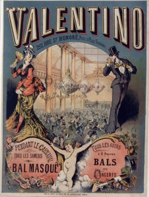 Ein Plakat, das eine Valentinstagsparty in Paris ankündigt, zeigt einen Mann mit Zylinder und eine Frau in einem langen Kleid nebeneinanderstehend.