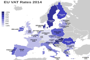 Karte von Europa, die die EU-Mehrwertsteuersätze von 2014 mit Prozentangaben und Text anzeigt.