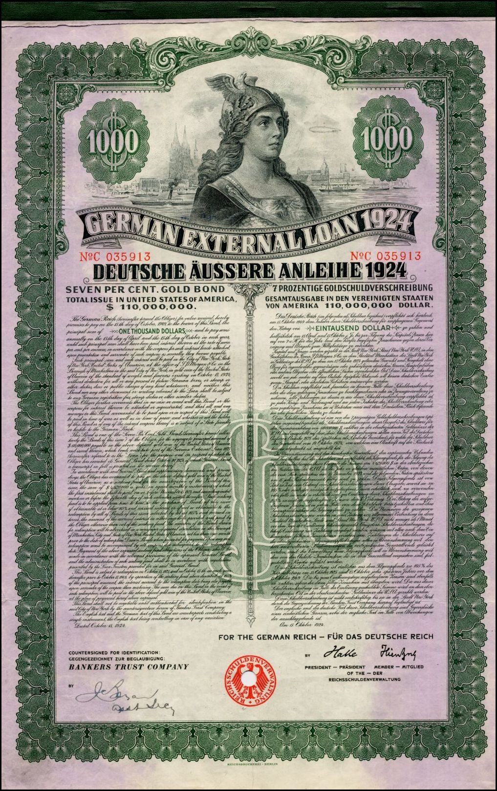 Deutsches Auslandsanleihe-Zertifikat aus dem Jahr 1924 mit einem Porträt einer Frau, bedruckt mit Text und numerischer Bezeichnung.