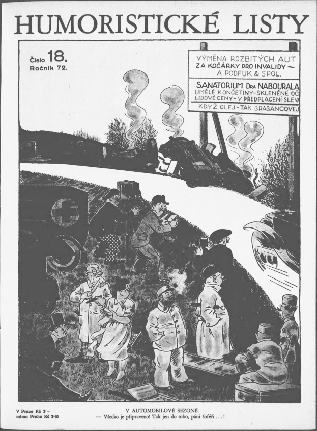 Ein Schwarz-Weiß-Cartoon von einer Gruppe von Menschen, die vor einem Zug stehen und nach oben schauen, mit dem Text "humoristische Listen 18" auf dem Papier.