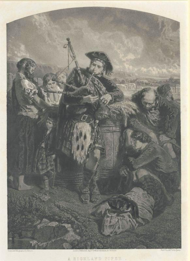 Schwarze und weiße Gravur eines Mannes, der vor einer Gruppe von Menschen eine Dudelsack spielt, mit einem bewölkten Himmel und der Inschrift "Ein Highland-Pfeifer" unten.