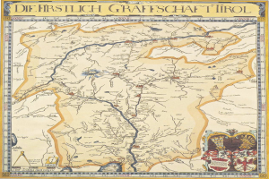 Ein detaillierter Plan der ersten deutschen Grafschaft Tirol mit geographischen Elementen wie Flüssen, Bergen und Städten sowie begleitendem Text und Bildern.