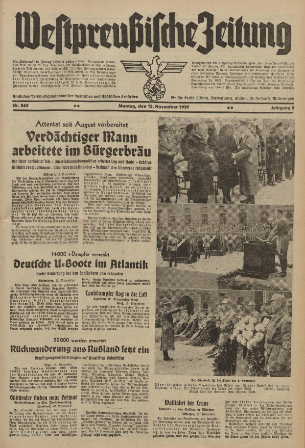 Titelseite der deutschen Zeitung "Weitpreubliche Zeitung" vom 13. November 1939, die eine Gruppe von Menschen in traditioneller deutscher Kleidung in einer feierlichen Atmosphäre zeigt.