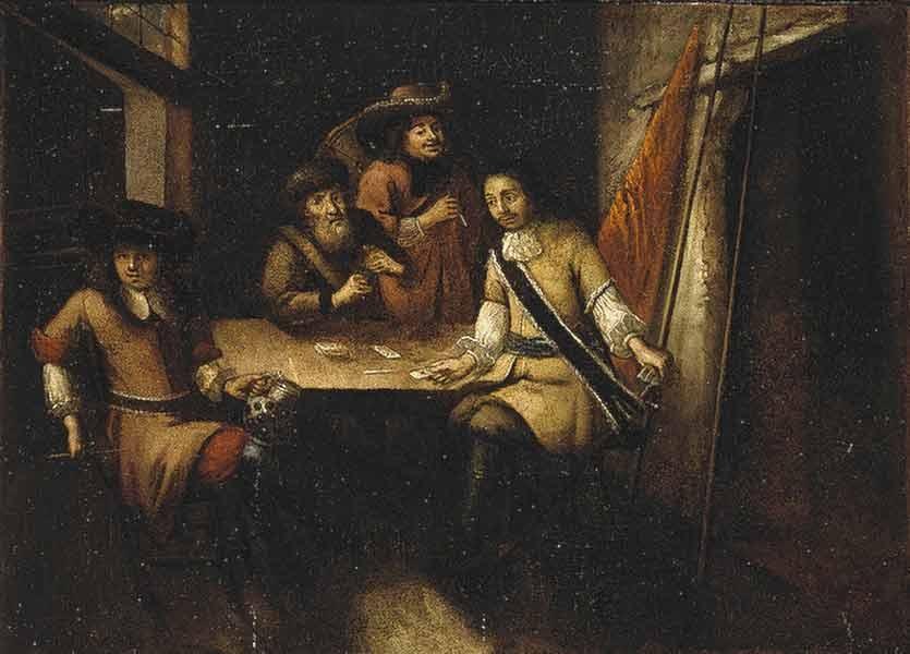 Gemälde namens "Das Kartenspiel" von Rembrandt van Rijn, das eine Gruppe von Menschen zeigt, die um einen Tisch in einer Schenke Karten spielen, mit Karten und Gegenständen auf dem Tisch, einem Vorhang rechts und einem Fenster dahinter.