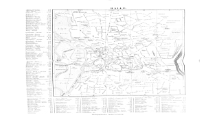 Schwarze und weiße Karte von Halle, Deutschland, mit beschrifteten Straßen und Sehenswürdigkeiten.