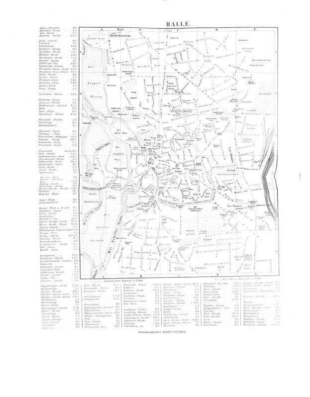 Schwarze und weiße Karte von Halle, Deutschland, mit beschrifteten Straßen und Sehenswürdigkeiten.