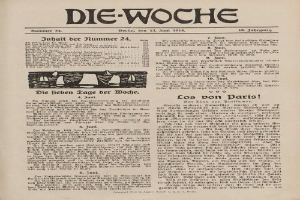 Eine alte deutsche Zeitung, 'Die Woche', vom 13. Juni 1914 mit einem Schwarz-Weiß-Bild eines Mannes im Anzug und Krawatte.
