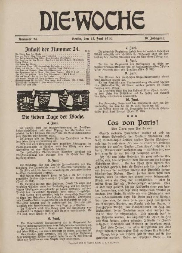Eine alte deutsche Zeitung, 'Die Woche', vom 13. Juni 1914 mit einem Schwarz-Weiß-Bild eines Mannes im Anzug und Krawatte.