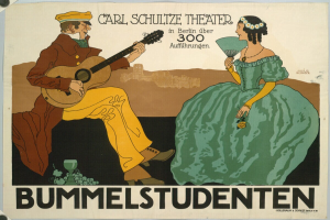 Ein Plakat, das ein Konzert im Carl-Schulze-Theater in Berlin, Deutschland, ankündigt, zeigt einen Mann mit einer Gitarre und eine Frau mit einem Fächer, mit Text auf dem Plakat.