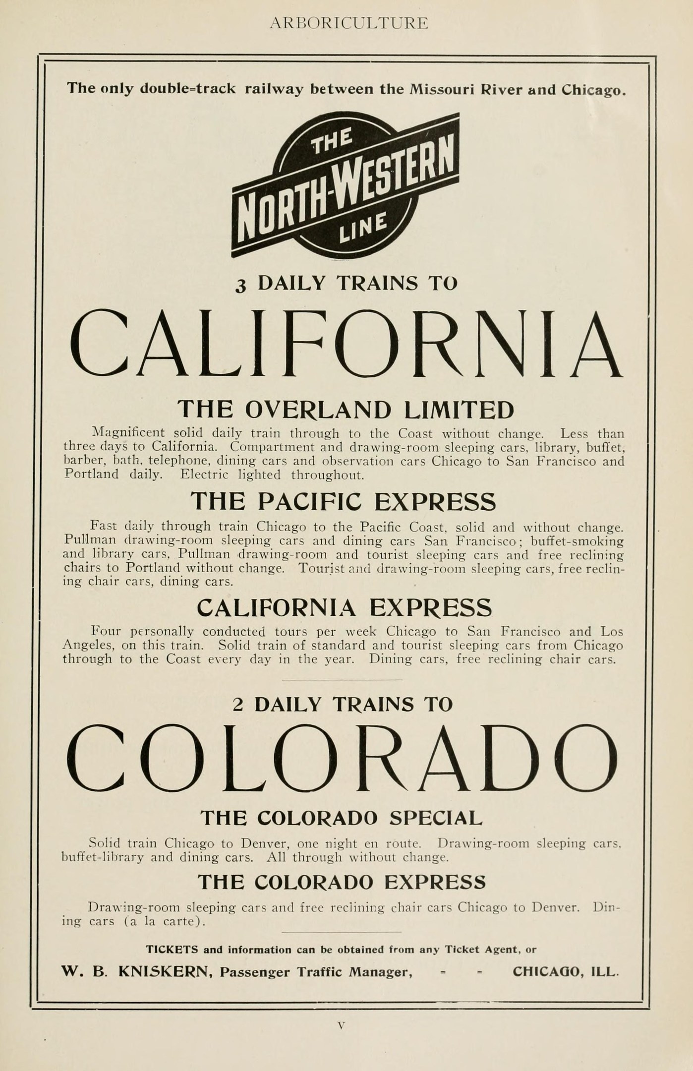 Papier mit gedrucktem Text, der drei tägliche Züge auflistet: "The Overland Limited", "The Pacific Express" und "Colorado" auf "The North Western Line."