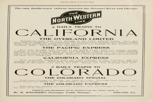 Papier mit gedrucktem Text, der drei tägliche Züge auflistet: "The Overland Limited", "The Pacific Express" und "Colorado" auf "The North Western Line."