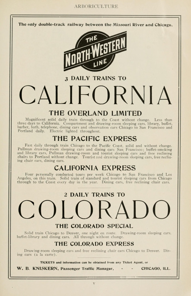 Papier mit gedrucktem Text, der drei tägliche Züge auflistet: "The Overland Limited", "The Pacific Express" und "Colorado" auf "The North Western Line."