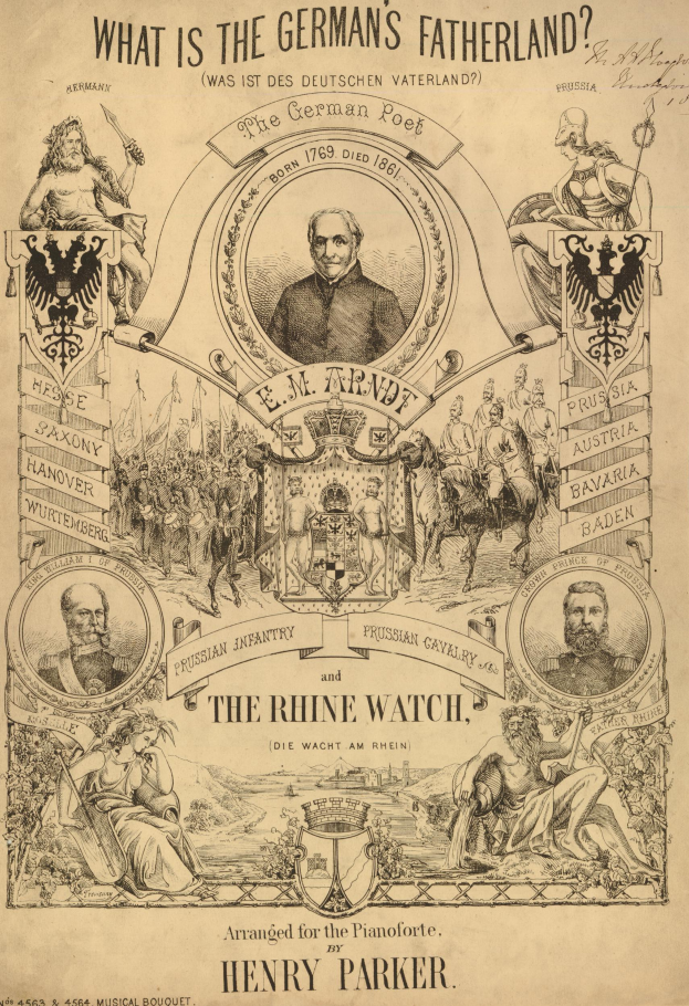 Eine Zeitung mit Bildern von Menschen und dem Text "Was ist das Vaterland der Deutschen? Die Rheingarde von Henry Parker".