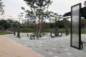 Outdoor park featuring benches, trees, plants, grass, poles, lights, wires, and buildings under a sky backdrop.